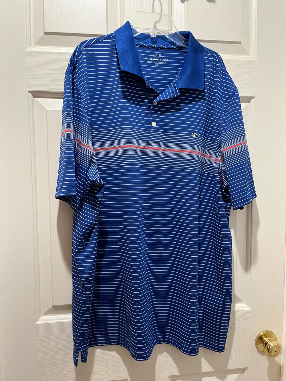 Vineyard Vines Blue Striped Polo with Pink Accent